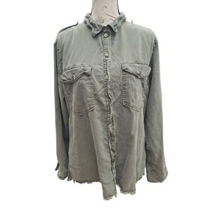 Sanctuary -457 Olive Green Button Down Shirt Frayed Hem‎ Long Sleeve Top Size M
